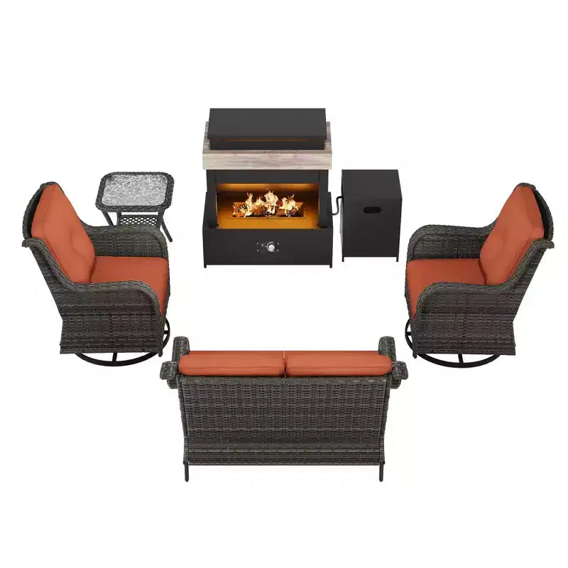 Ensemble d'extérieur UPTIOT 4 pièces : Chauffe-terrasse/Étagère, Fauteuil capitonné et Fauteuil à bascule pivotant