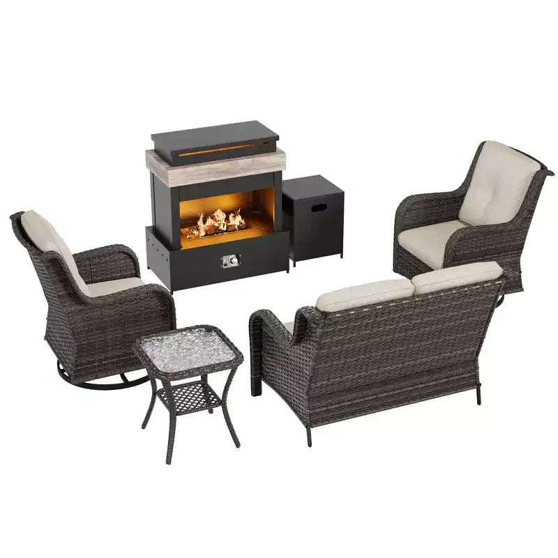 Ensemble d'extérieur UPTIOT 4 pièces : Chauffe-terrasse/Étagère, Fauteuil capitonné et Fauteuil à bascule pivotant
