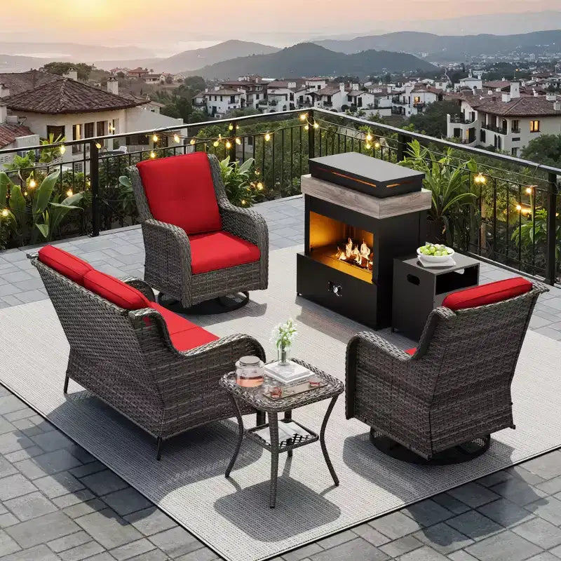 Ensemble d'extérieur UPTIOT 4 pièces : Chauffe-terrasse/Étagère, Fauteuil capitonné et Fauteuil à bascule pivotant