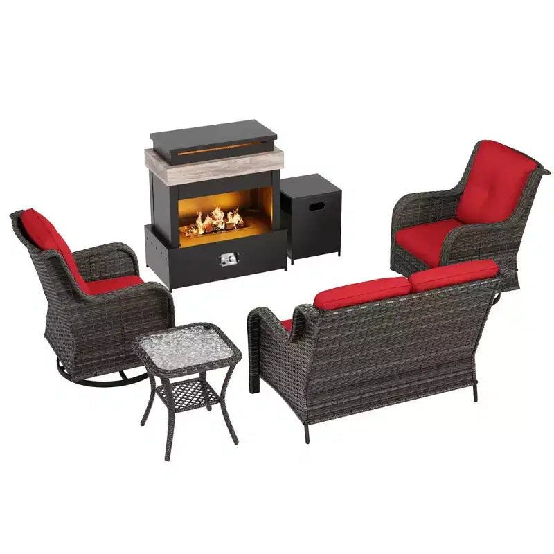 Ensemble d'extérieur UPTIOT 4 pièces : Chauffe-terrasse/Étagère, Fauteuil capitonné et Fauteuil à bascule pivotant