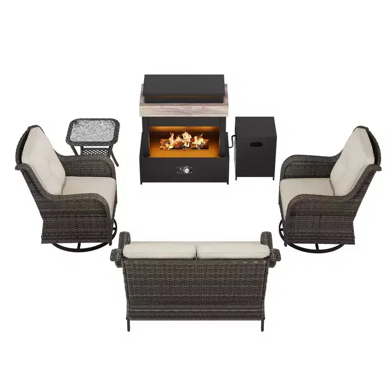 Ensemble d'extérieur UPTIOT 4 pièces : Chauffe-terrasse/Étagère, Fauteuil capitonné et Fauteuil à bascule pivotant