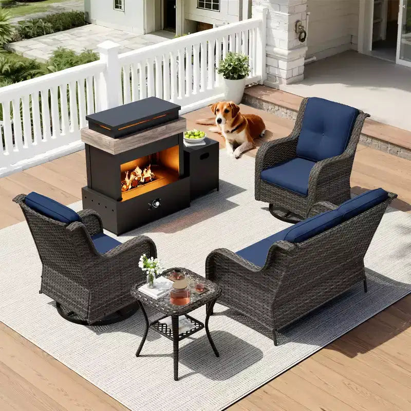 Ensemble d'extérieur UPTIOT 4 pièces : Chauffe-terrasse/Étagère, Fauteuil capitonné et Fauteuil à bascule pivotant