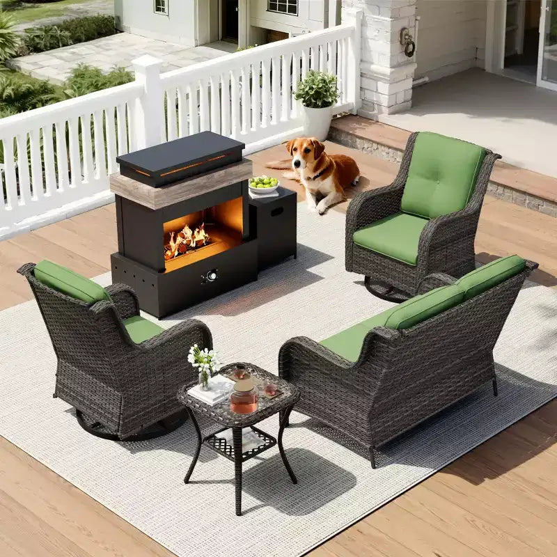 Ensemble d'extérieur UPTIOT 4 pièces : Chauffe-terrasse/Étagère, Fauteuil capitonné et Fauteuil à bascule pivotant