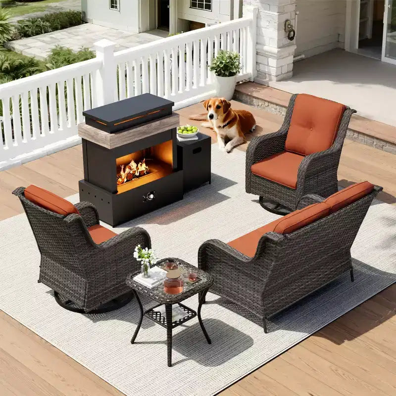Ensemble d'extérieur UPTIOT 4 pièces : Chauffe-terrasse/Étagère, Fauteuil capitonné et Fauteuil à bascule pivotant