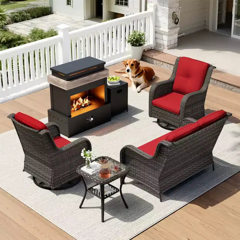 Ensemble d'extérieur UPTIOT 4 pièces : Chauffe-terrasse/Étagère, Fauteuil capitonné et Fauteuil à bascule pivotant