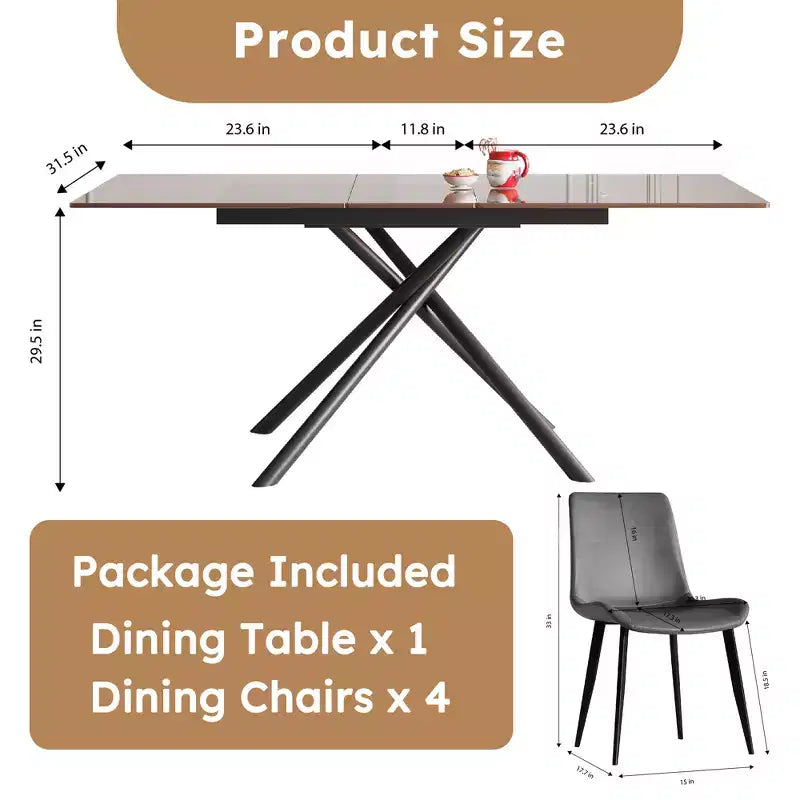Ensemble de salle à manger contemporain GDFStudio Noemi 5 pièces avec table en verre extensible et chaises rembourrées en similicuir