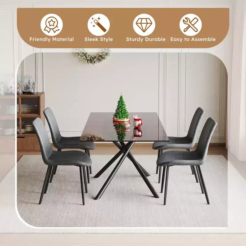 Ensemble de salle à manger contemporain GDFStudio Noemi 5 pièces avec table en verre extensible et chaises rembourrées en similicuir