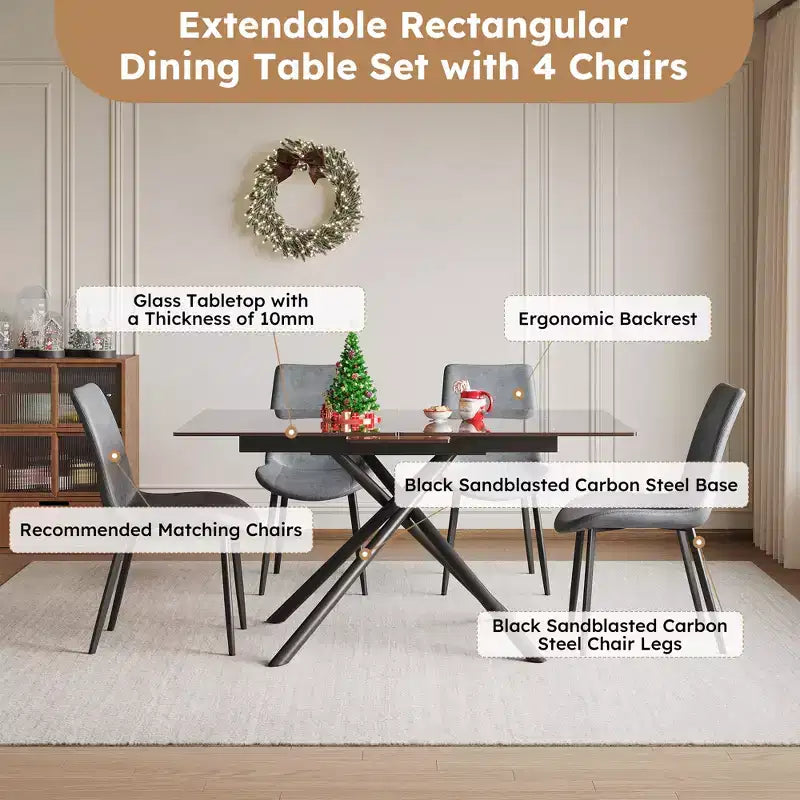 Ensemble de salle à manger contemporain GDFStudio Noemi 5 pièces avec table en verre extensible et chaises rembourrées en similicuir