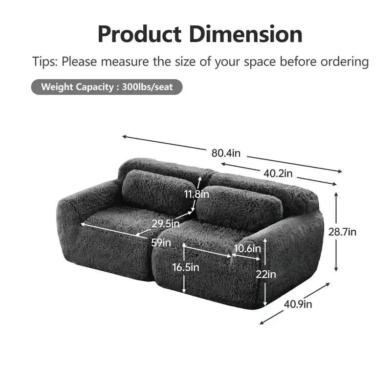 Canapé modulaire 2 places, Tissu peluche doux, Dessous antidérapant, Éponge HD 32D, Aucun assemblage, Conception ergonomique, Avec coussins de salon