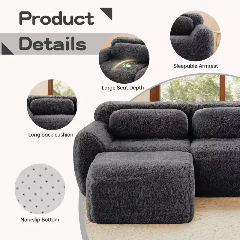 Canapé modulaire 2 places, Tissu peluche doux, Dessous antidérapant, Éponge HD 32D, Aucun assemblage, Conception ergonomique, Avec coussins de salon