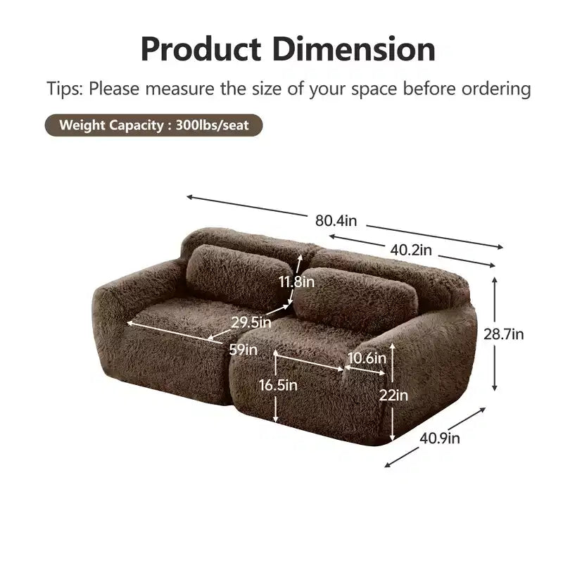 Canapé modulaire 2 places, Tissu peluche doux, Dessous antidérapant, Éponge HD 32D, Aucun assemblage, Conception ergonomique, Avec coussins de salon