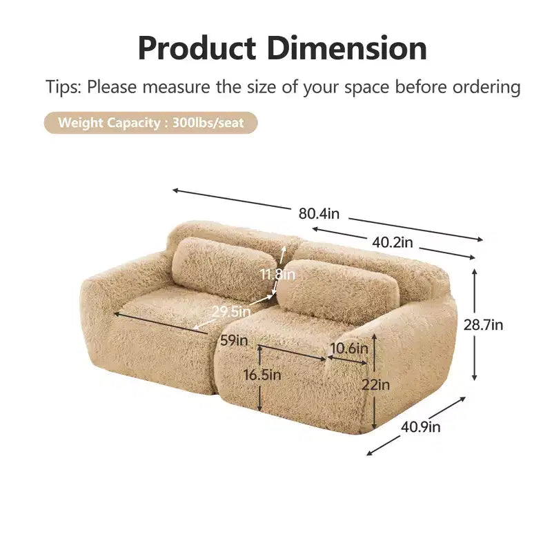 Canapé modulaire 2 places, Tissu peluche doux, Dessous antidérapant, Éponge HD 32D, Aucun assemblage, Conception ergonomique, Avec coussins de salon