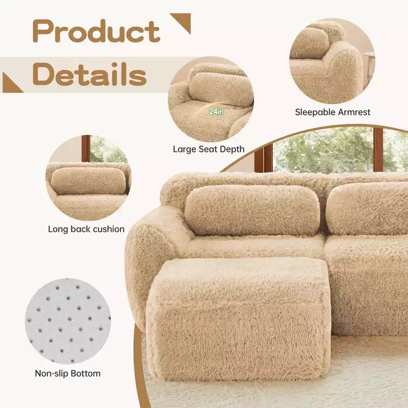 Canapé modulaire 2 places, Tissu peluche doux, Dessous antidérapant, Éponge HD 32D, Aucun assemblage, Conception ergonomique, Avec coussins de salon