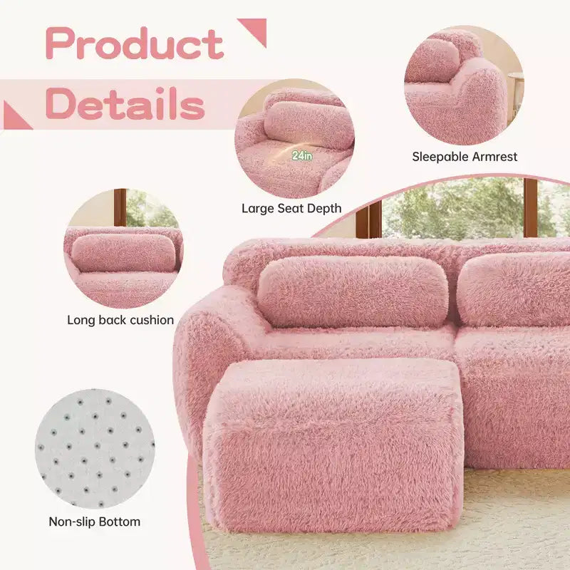 Canapé modulaire 2 places, Tissu peluche doux, Dessous antidérapant, Éponge HD 32D, Aucun assemblage, Conception ergonomique, Avec coussins de salon