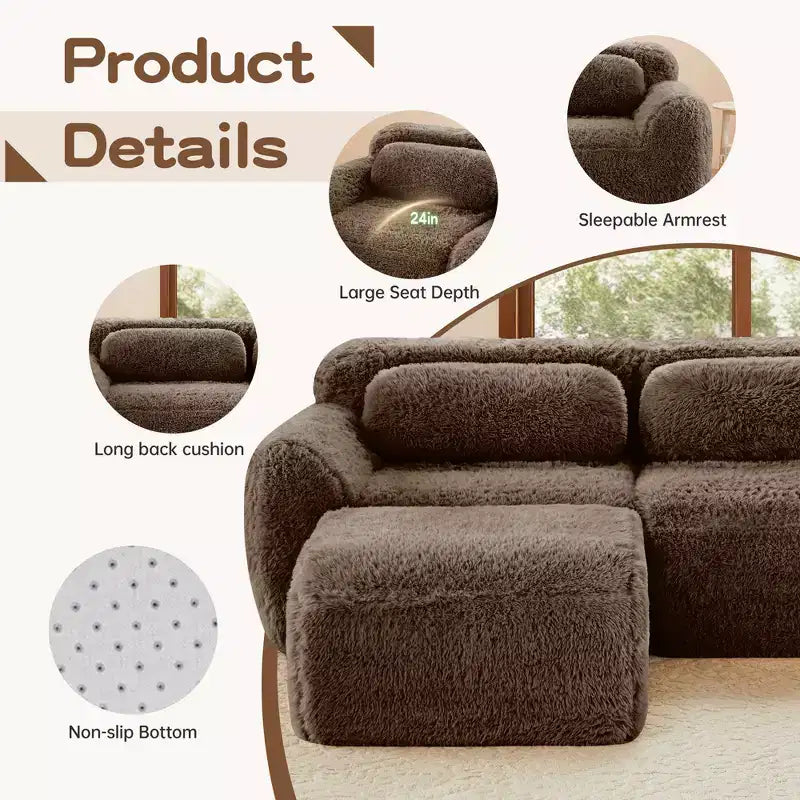 Canapé modulaire 2 places, Tissu peluche doux, Dessous antidérapant, Éponge HD 32D, Aucun assemblage, Conception ergonomique, Avec coussins de salon