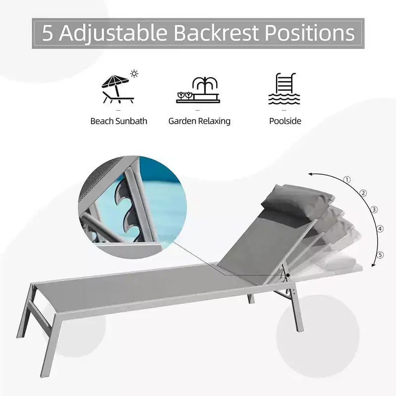 Ensemble de 3 chaises longues de patio TUYOHW, chaises longues réglables en aluminium avec table d'appoint, tissu textilène, appui-tête, transat de bronzage pour extérieur