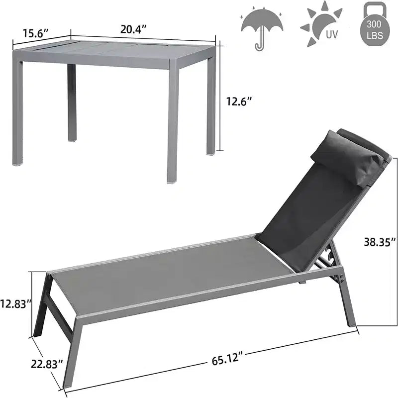 Ensemble de 3 chaises longues de patio TUYOHW, chaises longues réglables en aluminium avec table d'appoint, tissu textilène, appui-tête, transat de bronzage pour extérieur