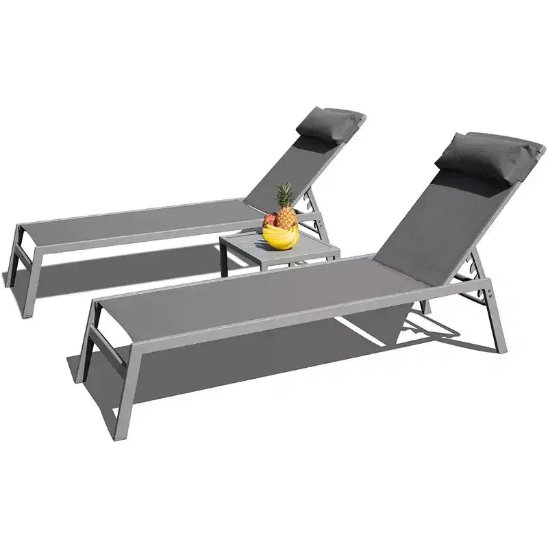 TUYOHW Patio Chaise Lounge Set of 3,Aluminum Adjustable Lounge Chairs with Side Table,Textilene Fabric,Headrest,Sunbathing Recliner for Outdoor