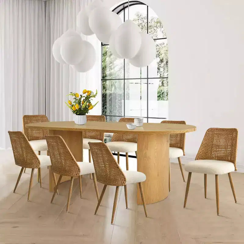 Ensemble de salle à manger moderne pour 8 personnes, table ovale de 79 po et chaises rembourrées à dossier en rotin, parfait pour les cuisines - Panipeachy