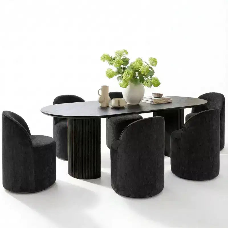 Ensemble table à manger pour 6, table ovale noire, chaises de salle à manger roulantes rembourrées avec roulettes, chenille texturée 360 g/m² - Panipeachy