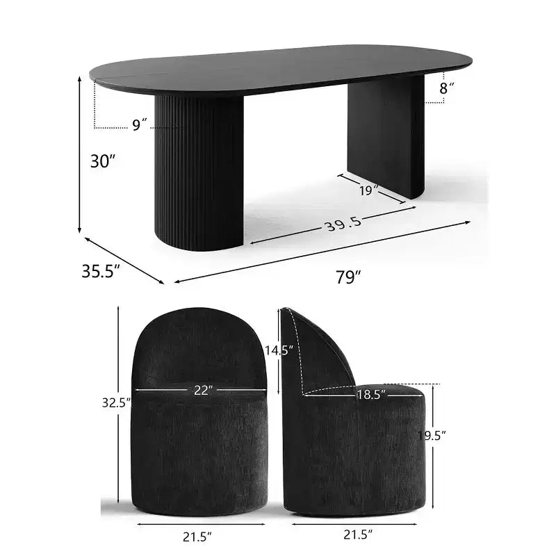 Ensemble table à manger pour 6, table ovale noire, chaises de salle à manger roulantes rembourrées avec roulettes, chenille texturée 360 g/m² - Panipeachy