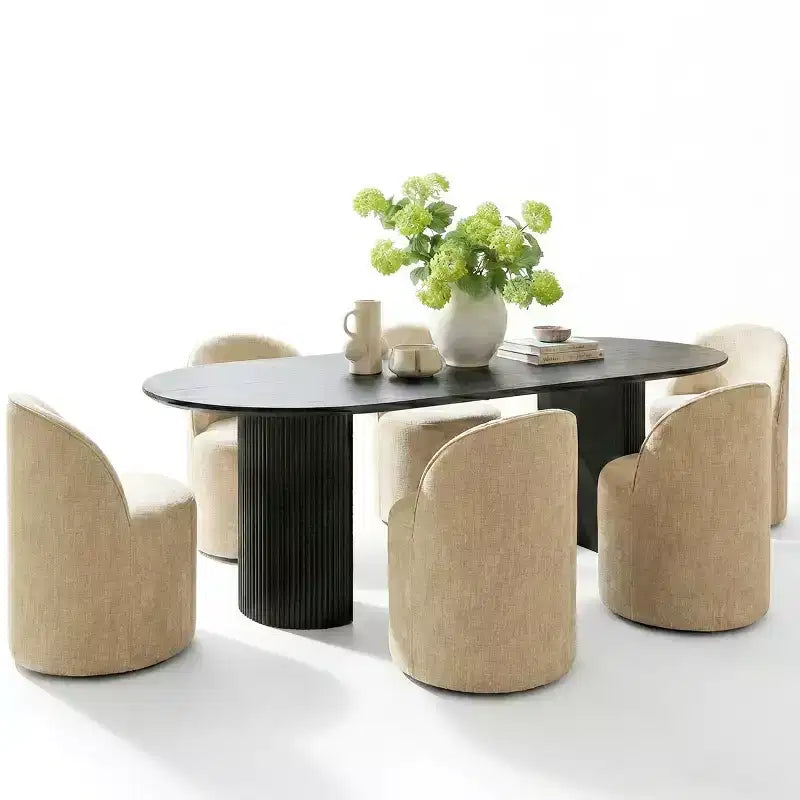 Ensemble table à manger pour 6, table ovale noire, chaises de salle à manger roulantes rembourrées avec roulettes, chenille texturée 360 g/m² - Panipeachy