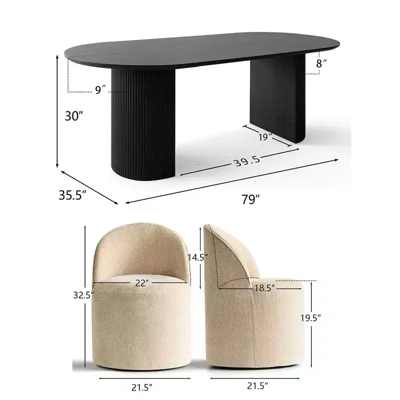 Ensemble table à manger pour 6, table ovale noire, chaises de salle à manger roulantes rembourrées avec roulettes, chenille texturée 360 g/m² - Panipeachy