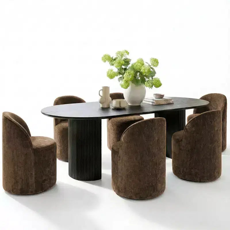 Ensemble table à manger pour 6, table ovale noire, chaises de salle à manger roulantes rembourrées avec roulettes, chenille texturée 360 g/m² - Panipeachy