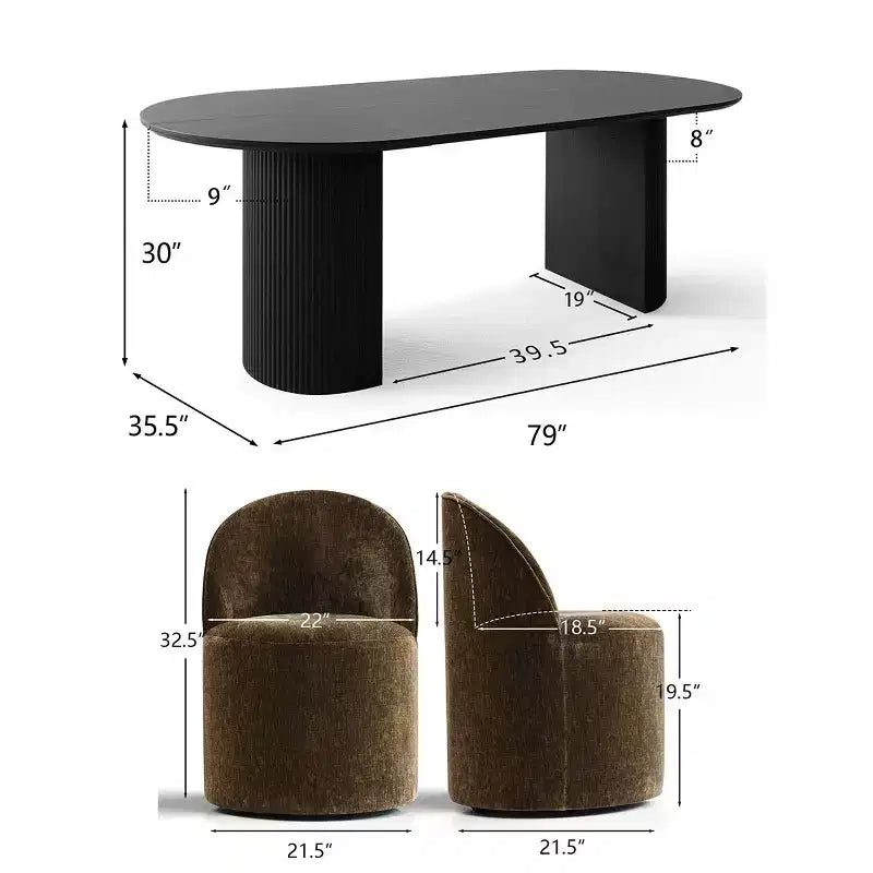 Ensemble table à manger pour 6, table ovale noire, chaises de salle à manger roulantes rembourrées avec roulettes, chenille texturée 360 g/m² - Panipeachy