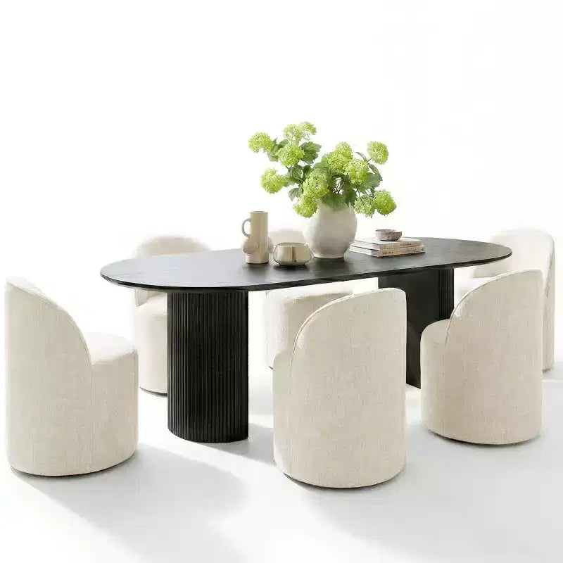 Ensemble table à manger pour 6, table ovale noire, chaises de salle à manger roulantes rembourrées avec roulettes, chenille texturée 360 g/m² - Panipeachy