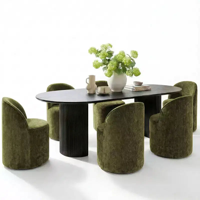 Ensemble table à manger pour 6, table ovale noire, chaises de salle à manger roulantes rembourrées avec roulettes, chenille texturée 360 g/m² - Panipeachy