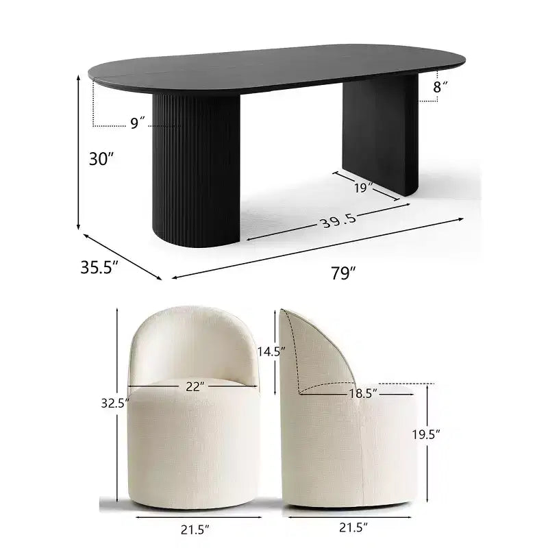 Ensemble table à manger pour 6, table ovale noire, chaises de salle à manger roulantes rembourrées avec roulettes, chenille texturée 360 g/m² - Panipeachy