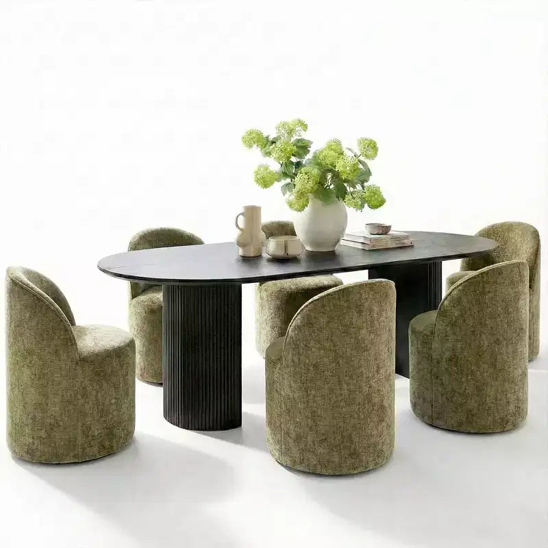 Ensemble table à manger pour 6, table ovale noire, chaises de salle à manger roulantes rembourrées avec roulettes, chenille texturée 360 g/m² - Panipeachy