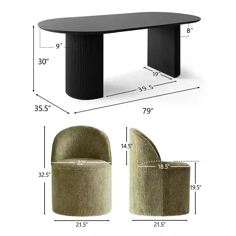 Ensemble table à manger pour 6, table ovale noire, chaises de salle à manger roulantes rembourrées avec roulettes, chenille texturée 360 g/m² - Panipeachy