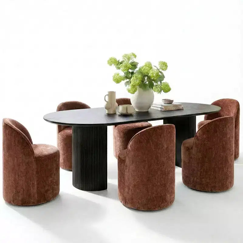 Ensemble table à manger pour 6, table ovale noire, chaises de salle à manger roulantes rembourrées avec roulettes, chenille texturée 360 g/m² - Panipeachy