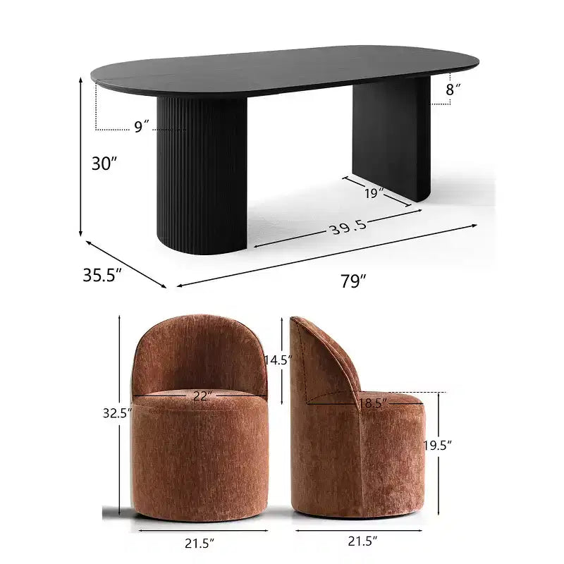 Ensemble table à manger pour 6, table ovale noire, chaises de salle à manger roulantes rembourrées avec roulettes, chenille texturée 360 g/m² - Panipeachy