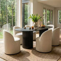 Dining Table Set For 6, Oval Black Table, Upholstered Rolling Dining Chairs With Casters, Textured 360gsm Chenille - Panipeachy