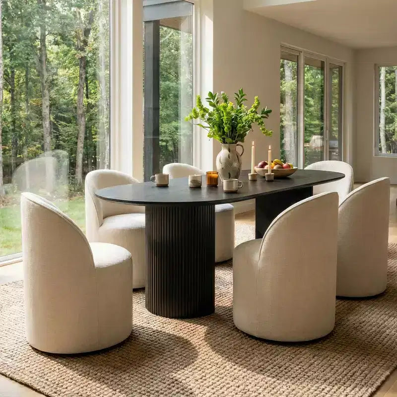 Dining Table Set For 6, Oval Black Table, Upholstered Rolling Dining Chairs With Casters, Textured 360gsm Chenille - Panipeachy