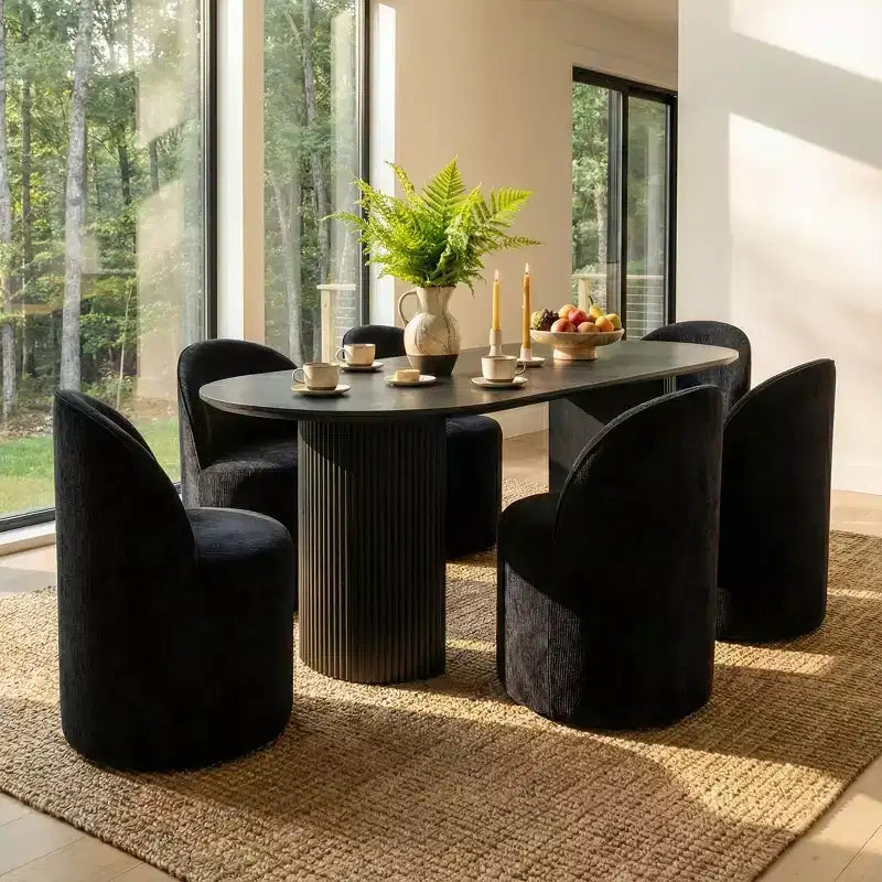 Ensemble table à manger pour 6, table ovale noire, chaises de salle à manger roulantes rembourrées avec roulettes, chenille texturée 360 g/m² - Panipeachy