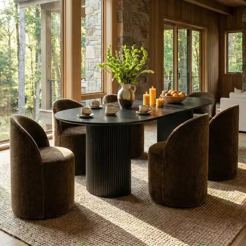 Ensemble table à manger pour 6, table ovale noire, chaises de salle à manger roulantes rembourrées avec roulettes, chenille texturée 360 g/m² - Panipeachy