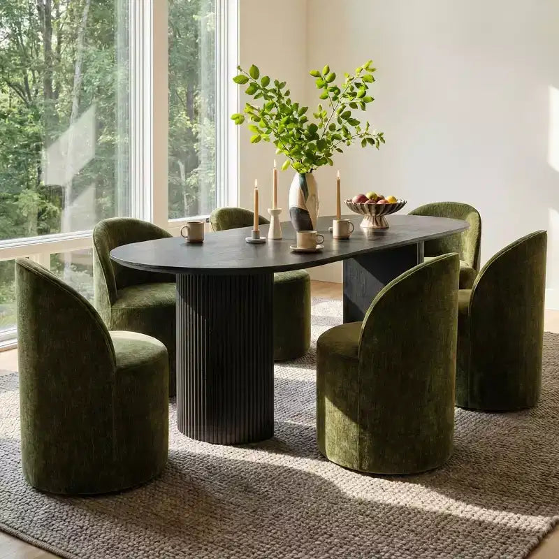 Ensemble table à manger pour 6, table ovale noire, chaises de salle à manger roulantes rembourrées avec roulettes, chenille texturée 360 g/m² - Panipeachy