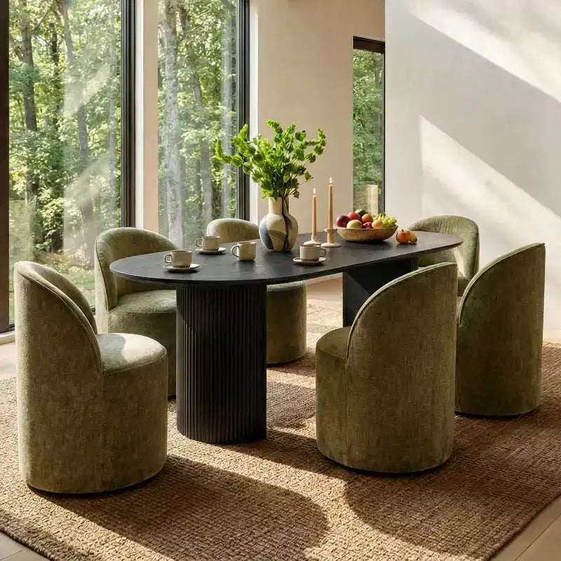 Ensemble table à manger pour 6, table ovale noire, chaises de salle à manger roulantes rembourrées avec roulettes, chenille texturée 360 g/m² - Panipeachy
