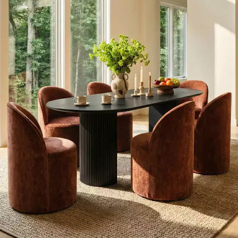 Ensemble table à manger pour 6, table ovale noire, chaises de salle à manger roulantes rembourrées avec roulettes, chenille texturée 360 g/m² - Panipeachy