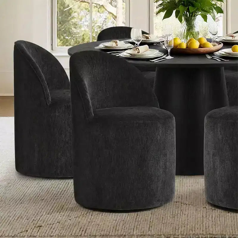 Ensemble table à manger ronde moderne pour 6, Table à manger piédestal noire, Chaises pivotantes roulantes en chenille avec roulettes - Panipeachy