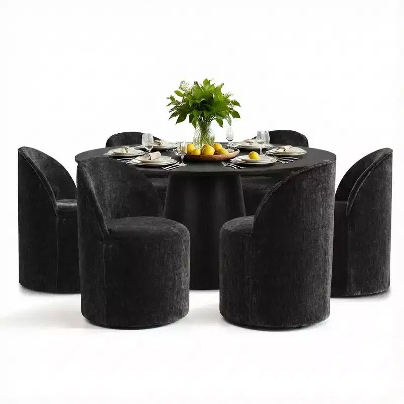 Ensemble table à manger ronde moderne pour 6, Table à manger piédestal noire, Chaises pivotantes roulantes en chenille avec roulettes - Panipeachy