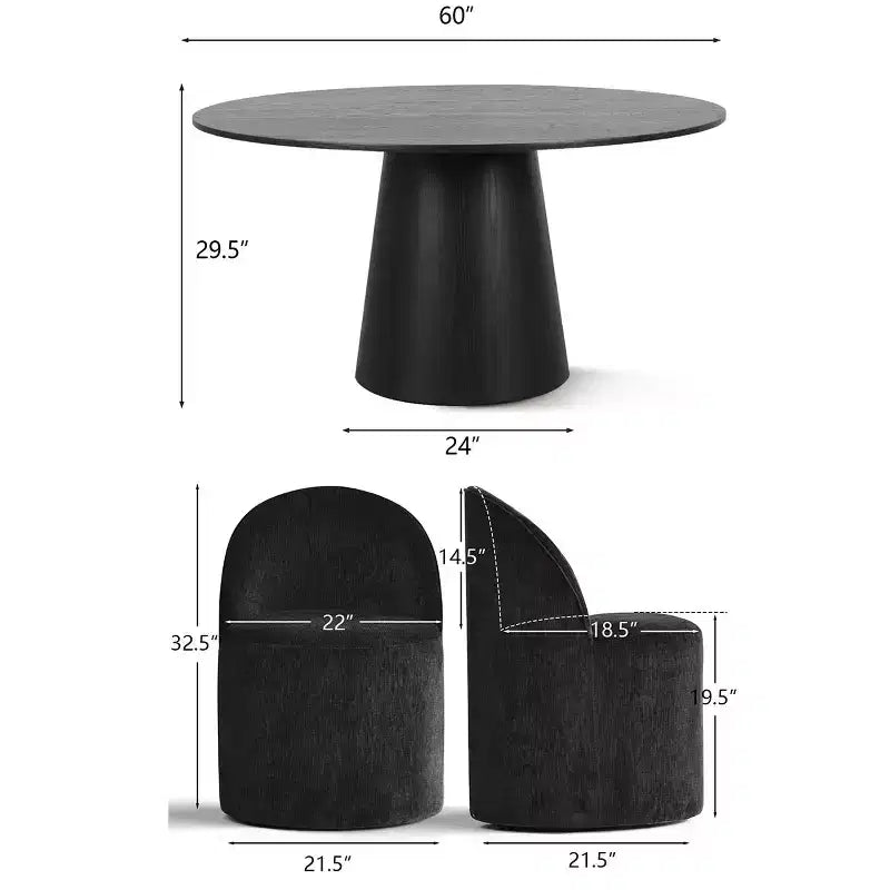 Ensemble table à manger ronde moderne pour 6, Table à manger piédestal noire, Chaises pivotantes roulantes en chenille avec roulettes - Panipeachy