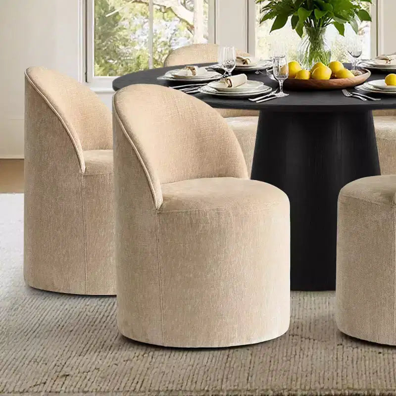 Ensemble table à manger ronde moderne pour 6, Table à manger piédestal noire, Chaises pivotantes roulantes en chenille avec roulettes - Panipeachy