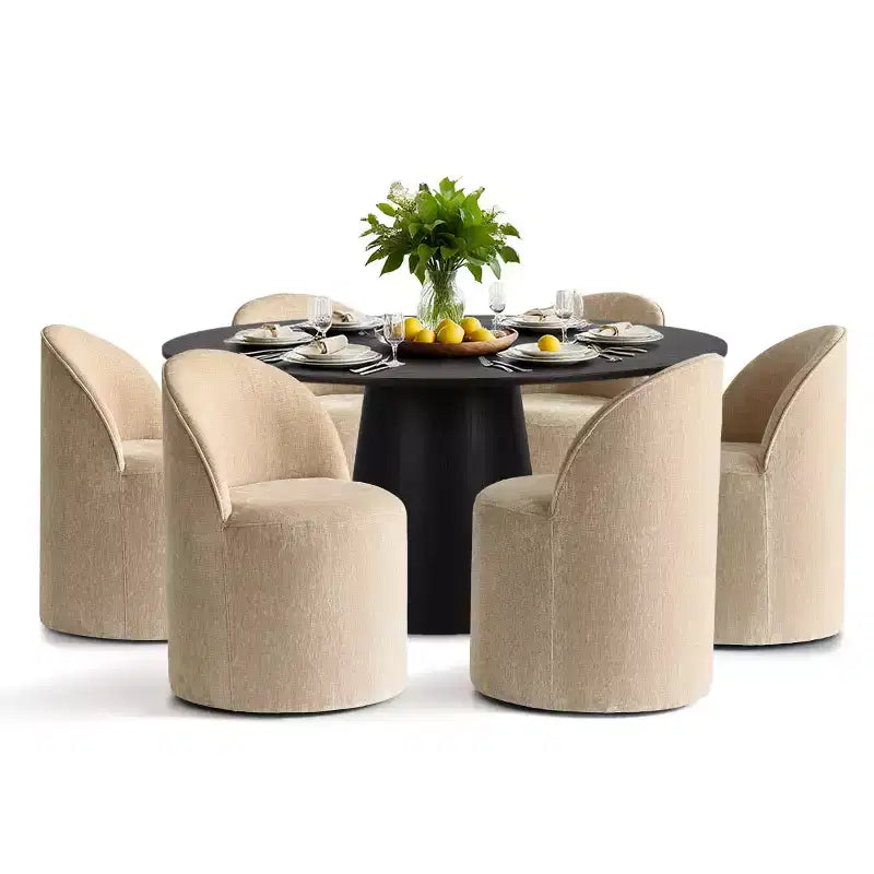 Ensemble table à manger ronde moderne pour 6, Table à manger piédestal noire, Chaises pivotantes roulantes en chenille avec roulettes - Panipeachy