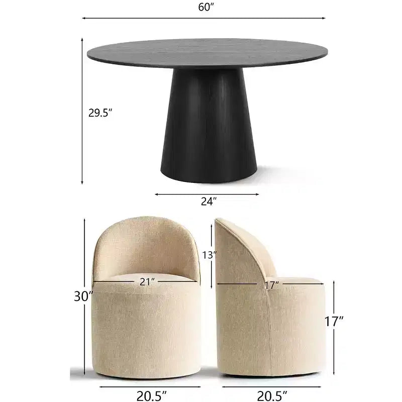 Ensemble table à manger ronde moderne pour 6, Table à manger piédestal noire, Chaises pivotantes roulantes en chenille avec roulettes - Panipeachy