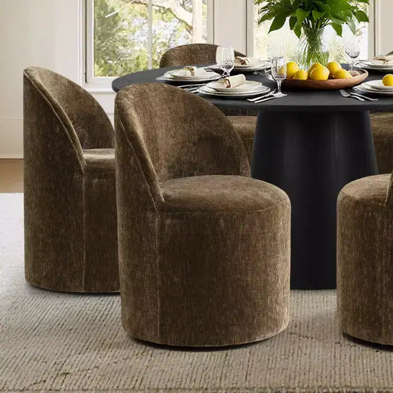 Ensemble table à manger ronde moderne pour 6, Table à manger piédestal noire, Chaises pivotantes roulantes en chenille avec roulettes - Panipeachy